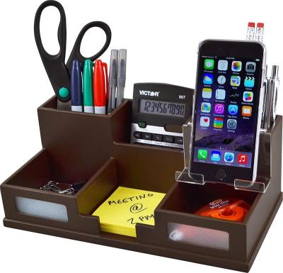 China Sustainable Acrylic Wood Grain Desktop Organizer With Smart Phone Holder for sale