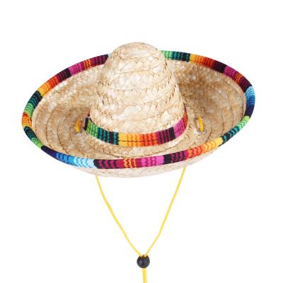 China Amazon Foreign Trade Viable Pet Woven Straw Hat Western Style Mexican Hat Spring And Summer Sunproof Adjustable Hat for sale