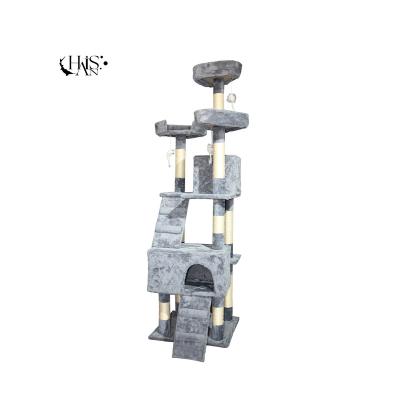 China Cat Play Gray Elegant Plush Kitten Wooden Houses Entertainment Scratching Post Tower Cat Tree Platform for sale