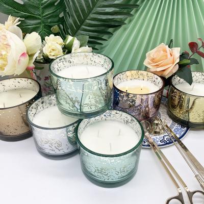 China Factory Wholesale Scented Glass Jar Luxury Multicolor Soy Wax 3 Wick Golden Quality Scented Candle for sale