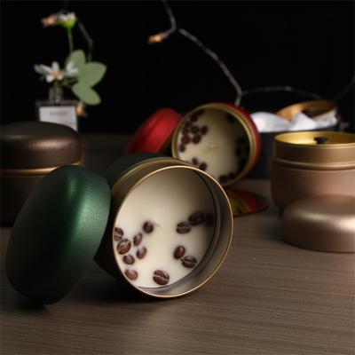 China Hotel Use High Scented Coffee Bean Round With Metal Lid Scented Tin Candles for sale