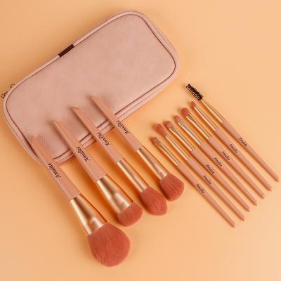 China Angular Blush High Quality Amulite Low Moq With A Pink PU Bag Wooden Handle Face New Synthetic Pink Hair Fashion Makeup Brush Private Label for sale