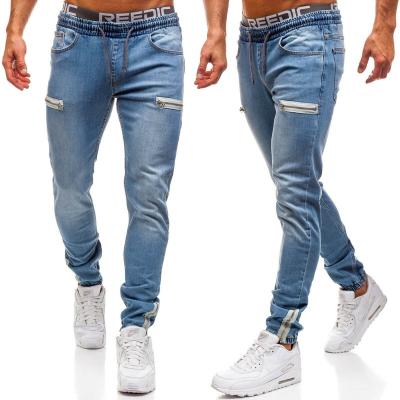 China OEM fashion logo fashion logo capris QUICK DRY custom drawstring stretch denim pencil pants skinny jeans men for sale