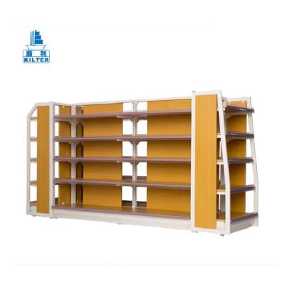 China Hot single and double wooden and metal supermarket rack display stand for sale