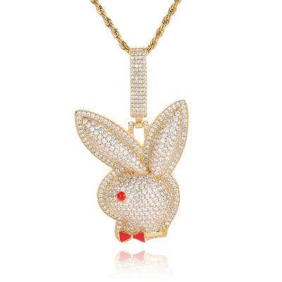 China Brass Bunny Rabbit Head Pendant Necklace Link CZ Diamond Iced Out Red Eye Hiphop Jewelry for sale