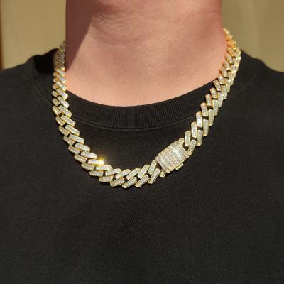 China Hiphop Fashion Gold Plated 14mm Baguette Diamond Iced Out Cuban Link Chain Necklace For Men for sale