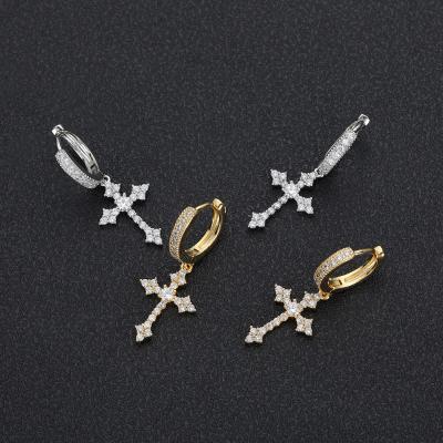 China Hiphop Hip Hop Women Bling Bling Iced Out CZ Cross Earrings Brass Zircon Drop Setting Earrings for sale