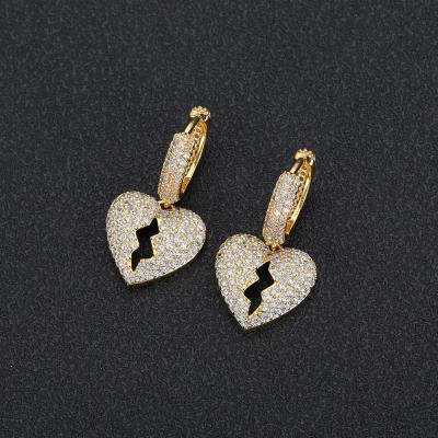 China Hiphop Hip Hop Diamond Heart Earrings Micro Pave Bling CZ Gold Plated Broken Heart Dangle Earring for sale