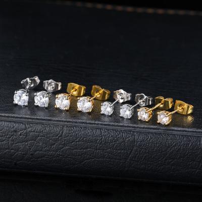 China Hiphop Hip Hop Jewelry 4mm 5mm Gold And Silver Round 3A CZ Diamond Four Claws Studs Earrings For Men And Women for sale