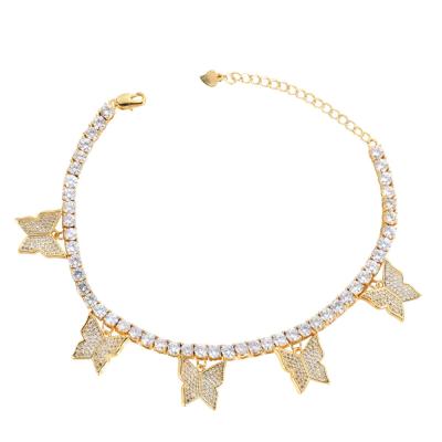 China Hip Hop Hip Hop Jewelry With Iced Out Extension Chain Rank Adjustable Zircon Butterfly Tennis Anklet Chain For Women for sale