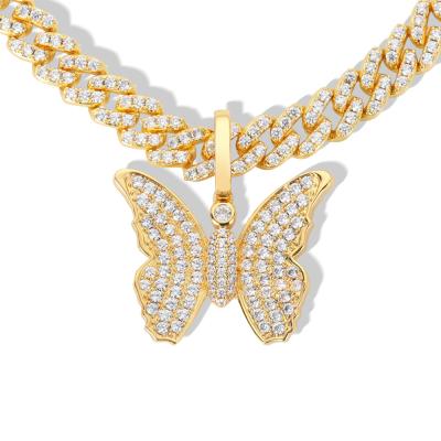 China Hiphop Hip Hop Jewelry Small Solid Zircon Butterfly Necklace Hippie Cuban Link Pendant Necklace For Women for sale