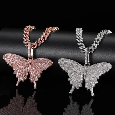 China Hiphop Iced Out Hip Hop Jewelry High Quality White And Pink CZ Butterfly Necklace Hitter Pendant Jewelry Big for sale