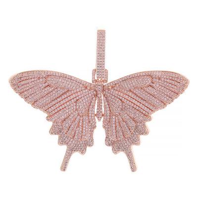 China Hiphop Iced Out CZ Diamond High Quality Big Solid Rose Butterfly Necklace Hitter Pendant Jewelry Hip Hop Jewelry for sale