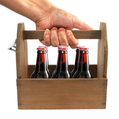 China 6-Pack Beer Carrier Sustainable Farmhouse Bottle Cart Rustic Wooden Organizer With Bottle Opener For Bar Party for sale