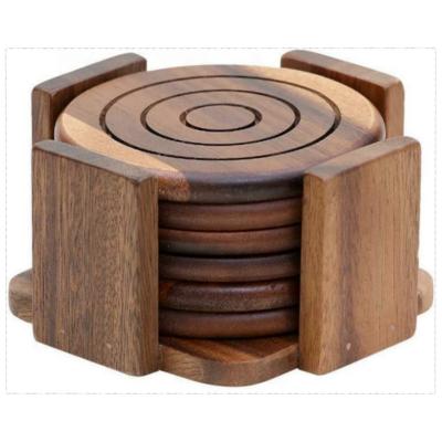 China Sustainable absorbent 6 piece round acacia wood coaster sets with stand for coffee table and bar table for sale