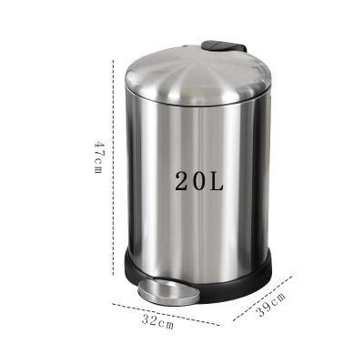 China 20 Liter Round Pedal Bin Silver Stainless Steel Kitchen Bathroom Trash Can for sale