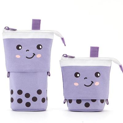 China Pretty Fancy 2021 Zipper Closure Cylinder School Boba Tea Canvas Purple Pink Pencil Case For Girl for sale