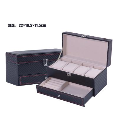 China Luxury Double Layer Watch Jewelry Storage Wholesale Square Black Lacquer Mens Watch Jewelry Box With Drawer for sale