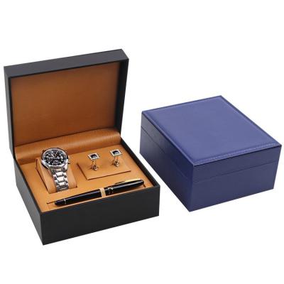 China Handmade Leather Watch Dustproof Shockproof Waterproof Pen Cufflinks Box For Gift PU Display Packaging Black for sale