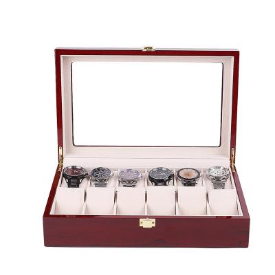 China Custom Luxury Multi Packaging Dustproof Waterproof Shockproof Rectangle 12 Slot Men MDF Red Wooden Watch Box With Pillow Insert for sale