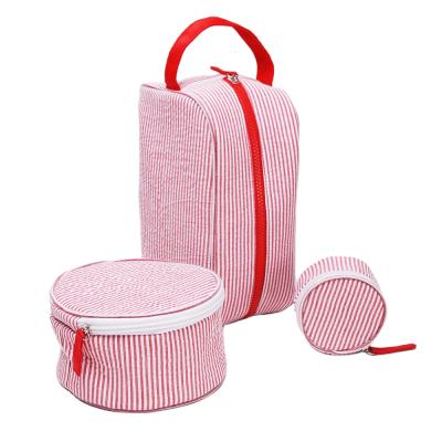 China NATIONAL Soft Cotton Seersucker Makeup Bag 3PCS Cotton Toiletry Pouch Bags Set Women Cotton Seersucker Travel Cosmetic Bags Set for sale