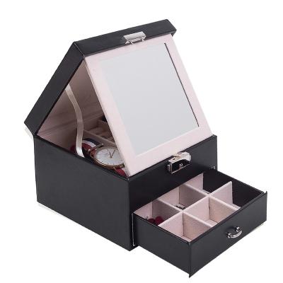 China Multifunctional Red Leather Rectangle Decorative Insert Travel Velvet Men's Multi Grid Jewelry Box With Mirror for sale