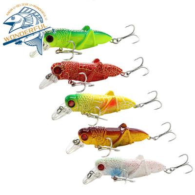 China Sample 65mm Available 10g Hard Plastic Freshwater 3D Eyes Minnow Insect Grasshopper Grasshopper Fishing Lure With Hooks for sale