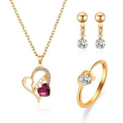 China Luxury Vintage Gold Fashion Jewelry Set Love Heart Necklace Earrings Ring Golden Jewelry 3 Pieces Set Diamond Bridal Wedding Jewelry Set for sale