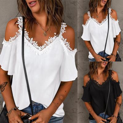 China Anti-Wrinkle Women's Summer V-Neckline Chill Tops T-shirts Cut Out Lace Shorts Sheath Solid Color Blouses Shirt for sale