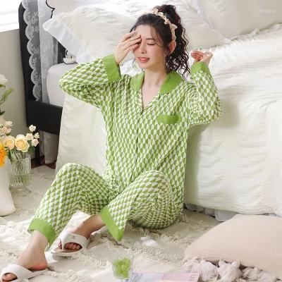 China Spring Autuum Fashion Casual Pocket Cute Homewear Pajamas QUICK DRY Lovely Women's Sleepwear Set With Pants Plaid Soft Green for sale