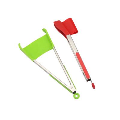 China Stocked 2-in-1 Non Stick Heat Resistant Silicone Smart Tongs Cut Kitchen Spatula Shovel for sale