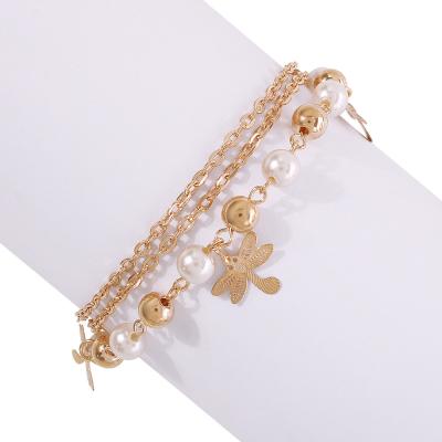 China Wholesale Pandent TRENDY Butterfly Anklet Foot Jewelry Foot Anklets Fashion Gold Plated Pearl Chain Anklets for sale