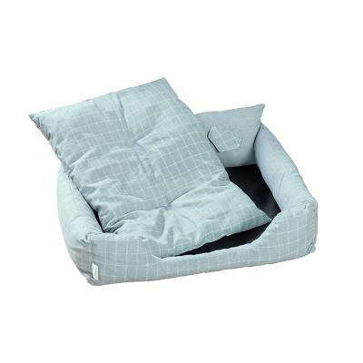 China New Custom Travel Rectangle Cat Bed Dog Beds Universal Cushion for Dogs Cats Plaid Bed Room OEM Warm Gray Green for sale