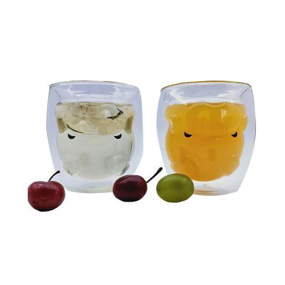 China Factory Sustainable OEM Wholesale 12oz Small Bear Creativity Food Grade Double Wall Cartoon Animal Glass Cup For Kids Milk Juice Tumbler for sale