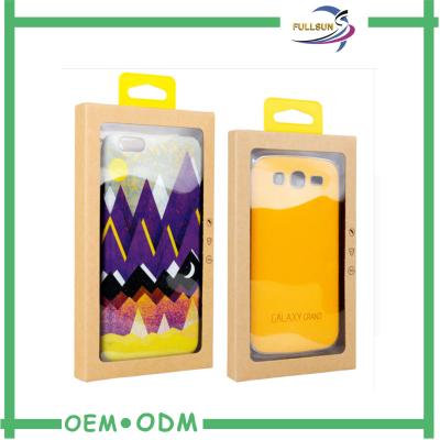 China Emboss Logo Kraft Paper Cell Phone Case Retail Packaging With Clear Pvc Window for sale