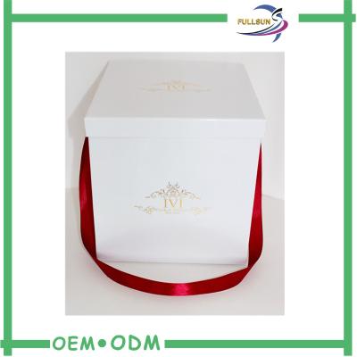 China White Square Hat Flower Gift Boxes With Ribbon Handle / Custom Logo Printing for sale