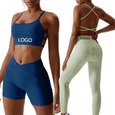 China Breathable Custom 2023 Pcs Long Sleeve LOGO Women Fitness Sports Gym Activewear Workout 2 Pcs Sets Short Tops And Leggings Gym Yoga Set for sale