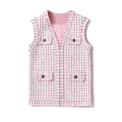 China Breathable Haute couture. Hand knit. Wool tweed flip pocket waistcoat for women. Pink H-shaped medium length waistcoat for sale