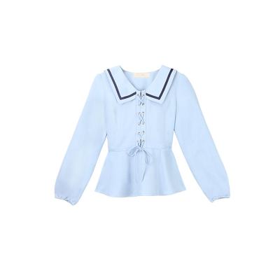 China 2022 QUICK DRY long sleeve office temperament shirt ladies new collar link autumn French white blue Korean square shirt for sale