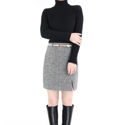 China YANSHUO Top Selling One-Line Skirt Herringbone Viable Hot Hips Tweed Slimming Split Professional One-Line Skirt With Belt for sale