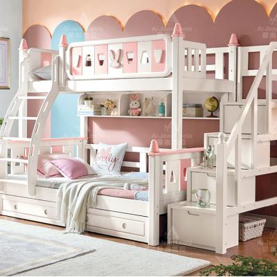 China Full modern solid wood kids work more princess girls bunk beds gorgeous pink cartoon children soft bed children with stairs for sale