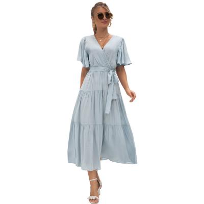 China Breathable 10706-SC16 factory customized v neck ruffles on summer dresses modern women's sehe fashion for sale