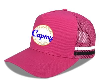 China New Design Pink Waterproof High Profile Striped Australia Country Trucker Hats, 5 Panel Custom White Logo 2 Side Stripe Trucker Hats for sale