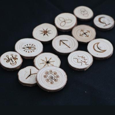 China Europe Wholesale Portable Handmade Wood Engraving Playing Rune Stones Card Wood Carving Set for sale