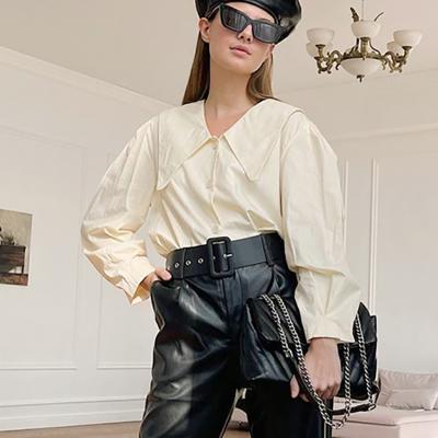 China 2022 Beige Cotton Spring Pleated Peter Pan Collar Classy Ladies Shirt Anti-pilling Anti-pilling Pleated Puff Sleeves Blouses Fashion Work Female Tops for sale