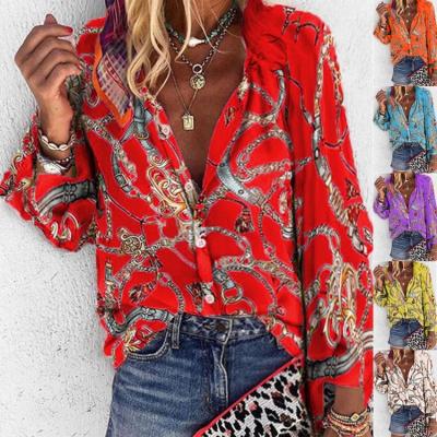 China 2021 Plus Size Women Breathable V Neck Blouse Long Sleeve Chains Print Loose Casual Womens Tops Blouses Shirts for sale