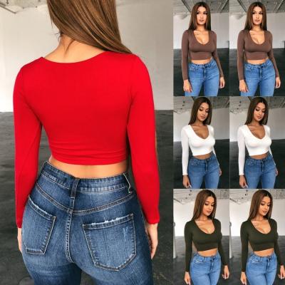 China Fashion Breathable Women Casual Tank Crop Tops Invest Long Sleeve V-Neck Top T-Shirt for sale