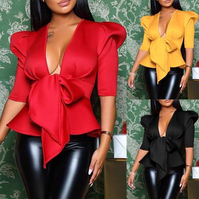 China 2021 Autumn African Women Plus Size Peplum Bowknot Ruffles Head Anti Wrinkle Anti Wrinkle Puff Sleeve Tunic Blouse Ladies Party Club Yellow White Blouses for sale