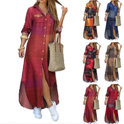 China Elegant Breathable Loose Split Edge Vestido Women Spring Solid Breathable Canvas Dress Long Sleeve Cotton Lapel Neck Long Sundress for sale