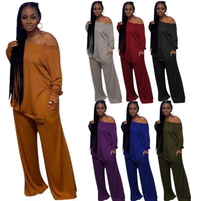 China QUICK DRY QUICK DRY Women Plus Size 5XL 2 Piece Set Off Shoulder Long Slit Top Sleeve High Waisted Pants Salon Wear 2 Piece Knitted Outfit Sets for sale